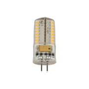 An LED G4 bi-pin lamp with a clear cover and yellow label, designed for low voltage landscape lighting.