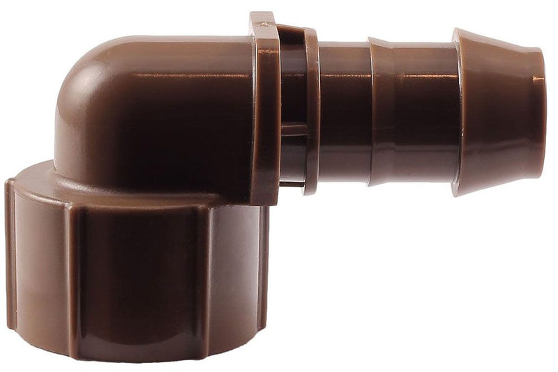 A brown elbow adapter fitting with a female threaded end and a barbed male end for irrigation systems.