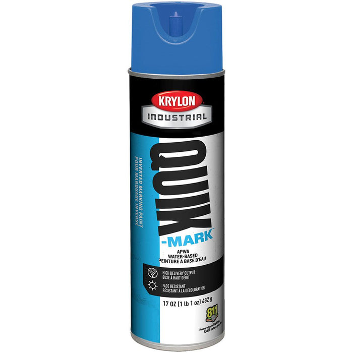 A spray can of Krylon Quick-Mark water based marking paint in fluorescent blue color, with a capacity of 17 ounces.