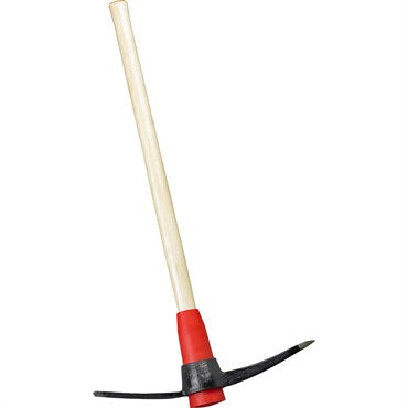 A Corona brand pick mattock with a 36 inch hardwood handle and a black forged steel head.