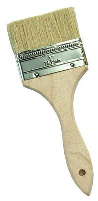A 3-inch width paint brush with a white bristle head and a beige wooden handle.