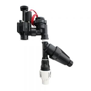 A Hunter ACZ 075 25 3/4 inch Professional Anti-Siphon Control Zone regulator with a pressure rating of 25 PSI, featuring black and white components including a valve and connectors.
