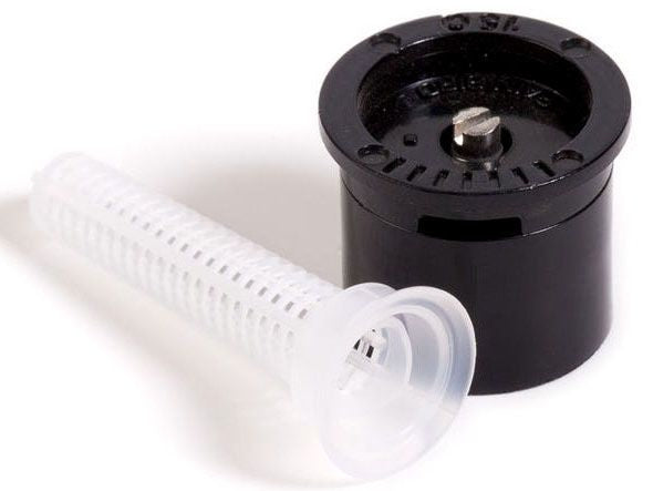 A black sprinkler spray nozzle with a white filter screen attached to it.