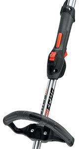 Gardening tool with a long handle and black and red design on a white background
