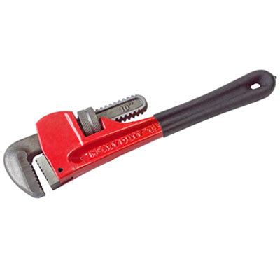 A red and gray Christy brand pipe wrench with a 10 inch length, made of cast steel, designed for heavy duty use.