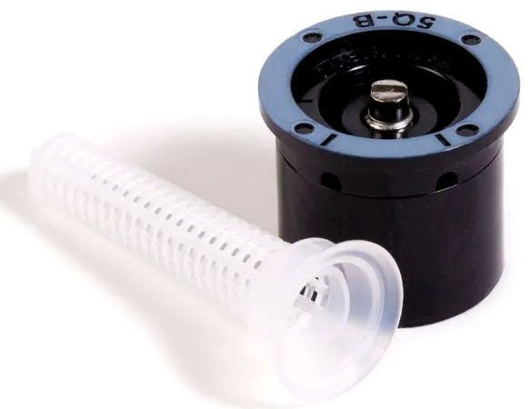 Rain Bird 5Q B MPR Bubbler Nozzle, featuring a black plastic body and a white mesh filter.