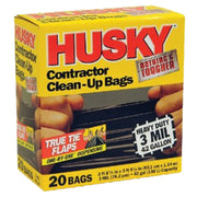 A box of Husky brand contractor clean-up bags, black color, with a capacity of 42 gallons, containing 20 bags.