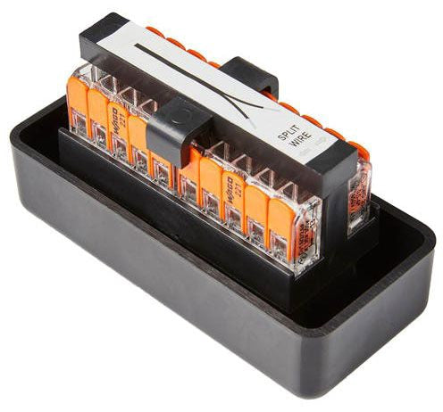 Electrical connector with orange and clear wires on a white background