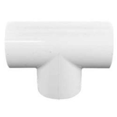 A white plastic T-shaped pipe connector with a horizontal main body and a vertical branch, shown against a plain white background.