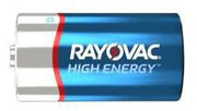 A blue and white Rayovac 'C' battery packaging with the brand name and 'High Energy' slogan visible.