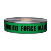A roll of green detectable force main marking tape with the text 'BURIED FORCE MAIN' printed on it.