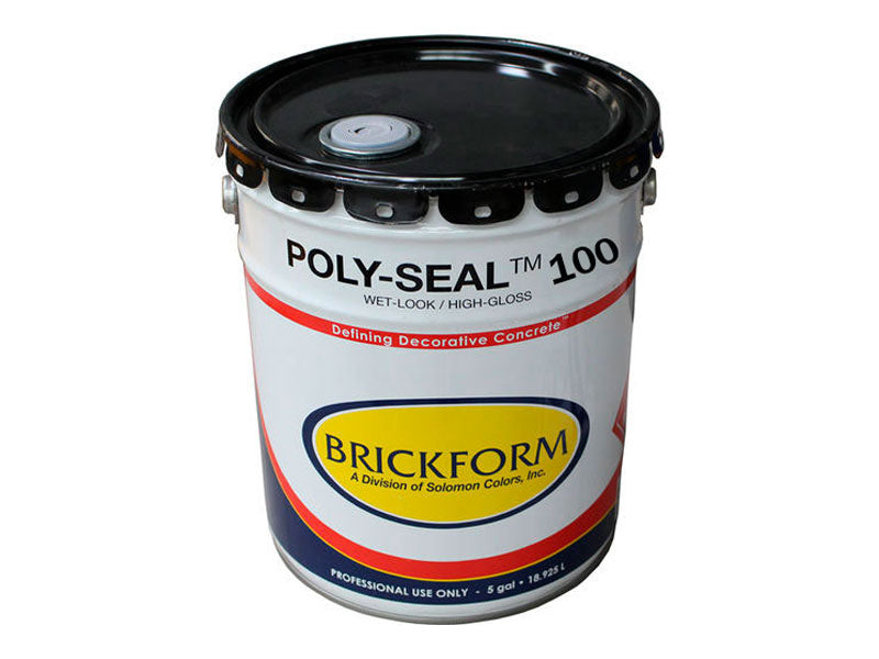 A container of Brickform Poly-Seal 100 polyurethane sealer in a black, white, and red label paint bucket.