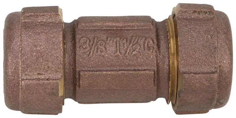A brass compression union fitting with 1/2 inch IPS x 3/4 inch CTS end connections and a 3-inch length.