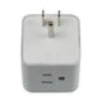 White wall plug with two USB ports on a white background