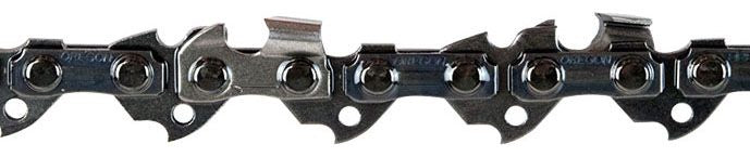 Close-up of a chainsaw chain with teeth and links