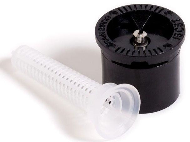 Rain Bird 15CST sprinkler spray nozzle with a white filter screen and a black color-coded top.