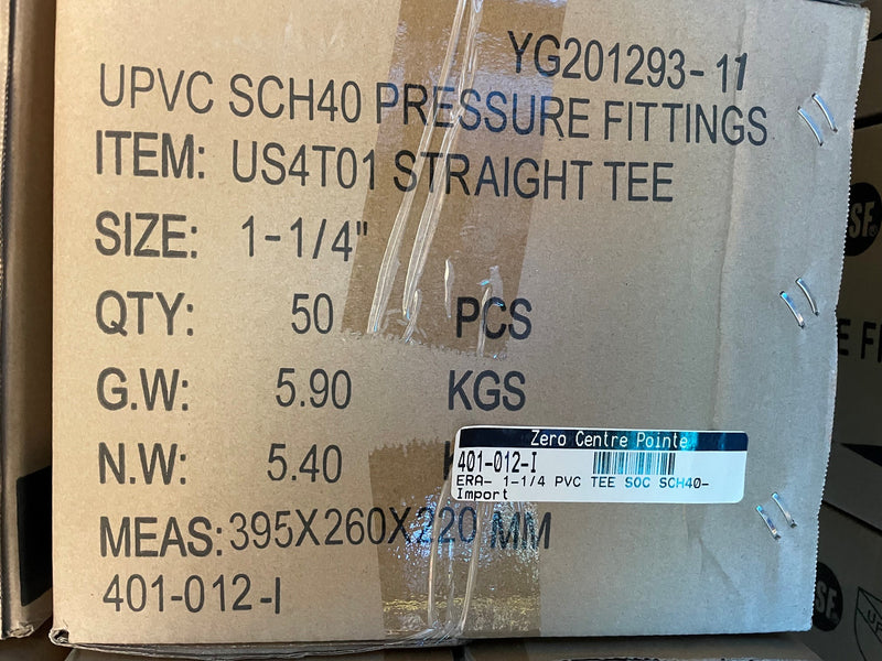 A cardboard shipping box printed with product details for UPVC SCH40 pressure fittings, item US4T01 straight tee, size 1-1/4 inches, quantity 50 pieces, with a barcode label on the front.