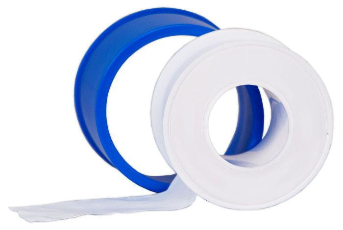 Two rolls of Teflon tape, one white and one blue, coiled and placed next to each other against a white background.