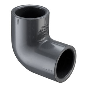 90-degree elbow pipe fitting, made of gray PVC, with socket connections on both ends