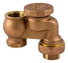 Anti-siphon valve body made of brass with a union, featuring a leaf-shaped emblem on the top.