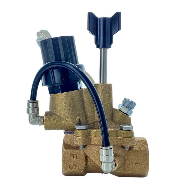 Brass valve with blue hoses on a white background