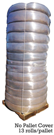 Stack of 13 rolls of plastic wrap on a pallet with no pallet cover.