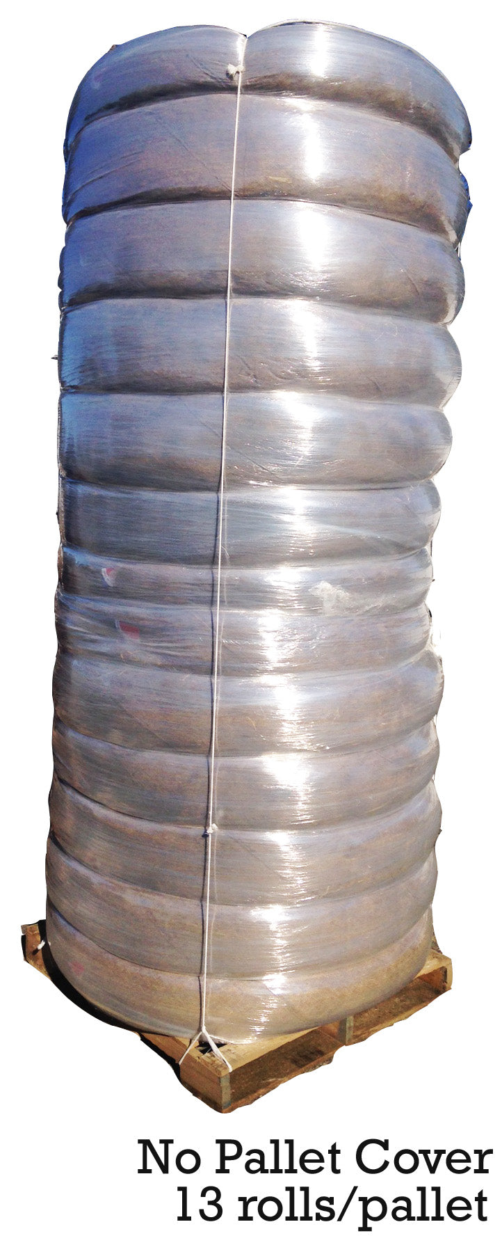Stack of 13 rolls of plastic wrap on a pallet with no pallet cover.