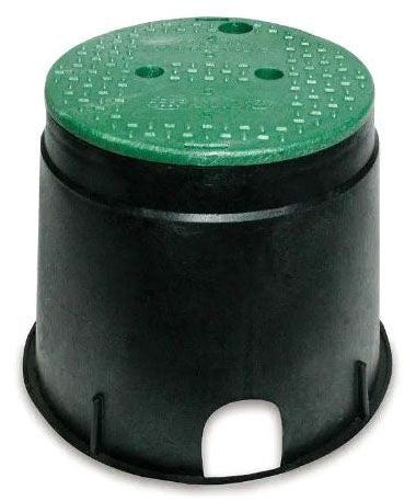 A black and green round irrigation valve box with a cover, featuring two mouse holes and a brass nut.
