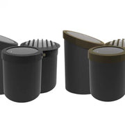 Set of black cylindrical containers with lids on a white background