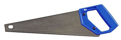A 14 inch toolbox saw with a blue PVC/ABS handle and a steel blade.