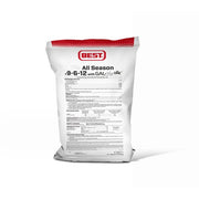 A white bag of 'Best All Season 19-6-12 with GAL-XeONE' fertilizer, featuring red and black text detailing the product information.
