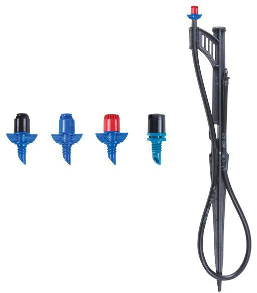 DIG- 07-023, 360 spray jet assembly 20' diameter at 30PSI, 14GPH with 13" clip stake, 24" micro tubing and barb, Blue/Red