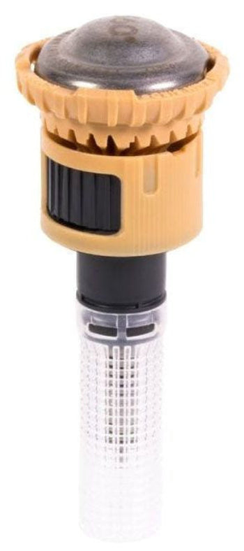A Rain Bird R-VAN 360 Degree Rotary Nozzle for sprinklers, showing yellow and black color with a clear nozzle tip.