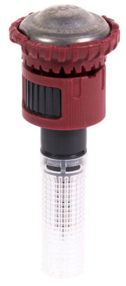 A Rain Bird R-VAN24 360-degree rotary sprinkler nozzle with a red top, black body, and gray bottom.