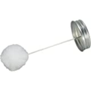 A silver-colored pipe cap dauber with a white sponge applicator attached by a metal rod to a plastic handle.