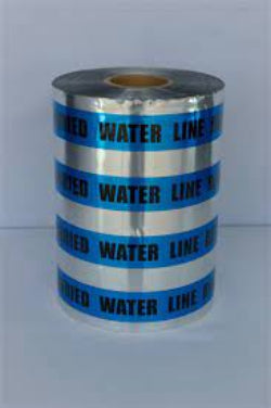 A roll of blue detectable water line marking tape.