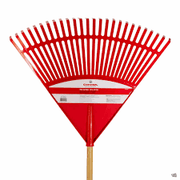 A red poly leaf rake with a 24-inch head and a 48-inch wooden handle.