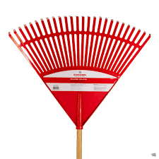 A red poly leaf rake with a 24-inch head and a 48-inch wooden handle.