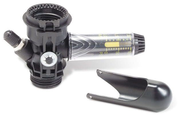 A Rain Bird PRS DIAL Valve Pressure Regulator, with glass-filled nylon material, designed for use in sprinkler systems. The image shows the regulator with its adjustment knob and pressure gauge.