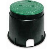 A black 6 inch round irrigation valve box with a green cover.