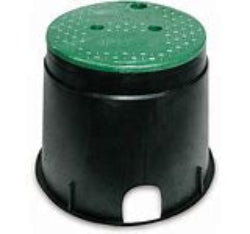 A black 6 inch round irrigation valve box with a green cover.