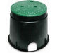 A black 6 inch round irrigation valve box with a green cover.