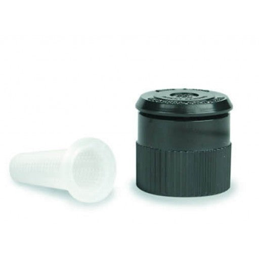 A black sprinkler spray nozzle with a white cap, designed for full-circle umbrella pattern spraying.
