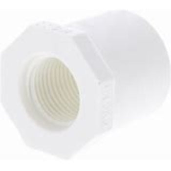 A white PVC red bush spigotxfpt SCH40 fitting, commonly used for irrigation.