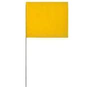A 2 inch by 3 inch yellow wire staff marking flag with an embossed finish, intended for landscape supplies and marking products.