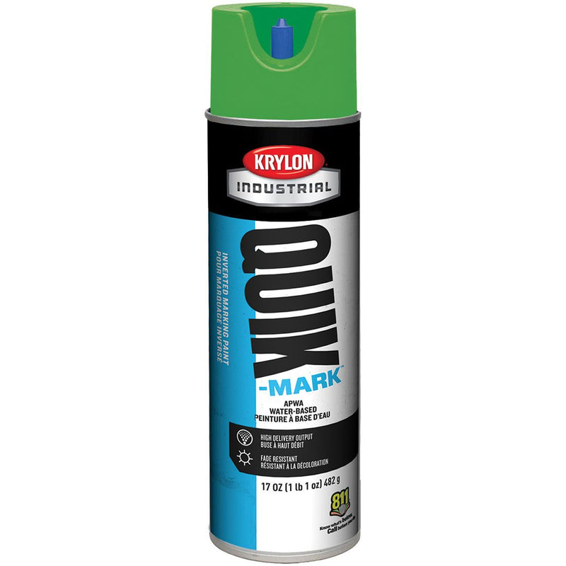 A spray can of Krylon Quick-Mark water based marking paint in fluorescent green color, with a capacity of 17 ounces.