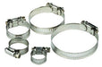 A set of four metal hose clamps of varying sizes, with a hex head screw bolt, zinc plated with a yellow dichromate finish.