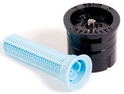 Rain Bird sprinkler spray nozzle with a black body and a light blue filter or insert.