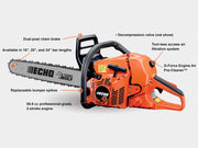 Echo CS-590-20AA chain saw in orange with a 20-inch bar and bumper spikes, featuring a 59.8cc professional-grade 2-stroke engine and other specifications as described.
