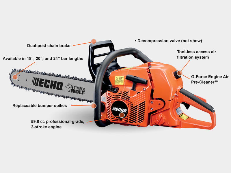Echo CS-590-20AA chain saw in orange with a 20-inch bar and bumper spikes, featuring a 59.8cc professional-grade 2-stroke engine and other specifications as described.